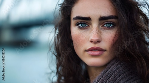 Close-up of the woman standing near Auckland Harbour Bridge, New Zealand, her focused expression and large expressive eyes reflecting her determination and drive photo