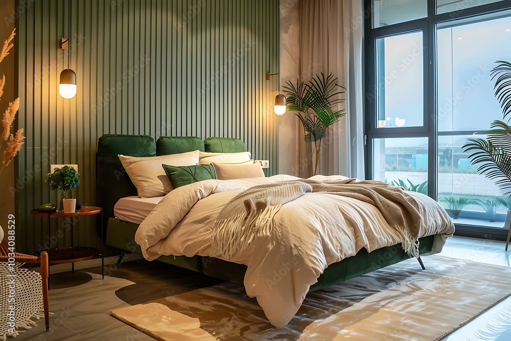 Fototapeta premium Modern Luxury Home Interior Bedroom Design with Mockup Frame , Wall Poster (3d Render)