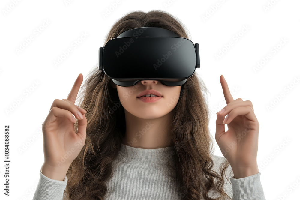 woman using virtual reality headset on white background, cut out png. woman using virtual reality headset on white background, cut out png.
