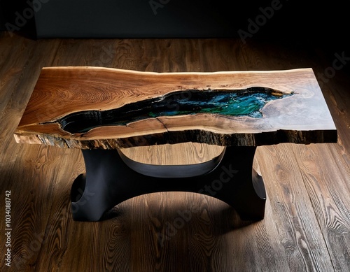 rustic wooden table with black resin inlay photo