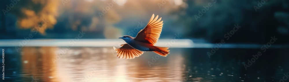 Bird flying over lake with vibrant wings, soft lighting, serene outdoor setting. Bird flying over lake with vibrant wings, soft lighting, serene outdoor setting.