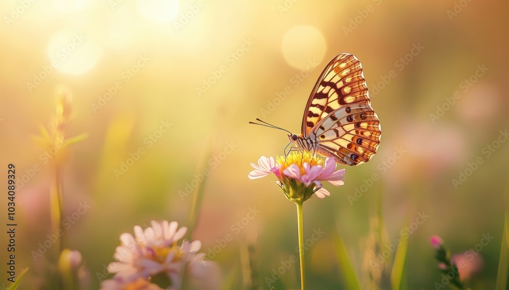 Butterfly landing on flower with vibrant wings, soft lighting, peaceful garden setup. Butterfly landing on flower with vibrant wings, soft lighting, peaceful garden setup.