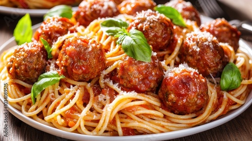 Hearty Spaghetti and Meatballs with Fresh Basil and Tomato Sauce for Culinary Delight