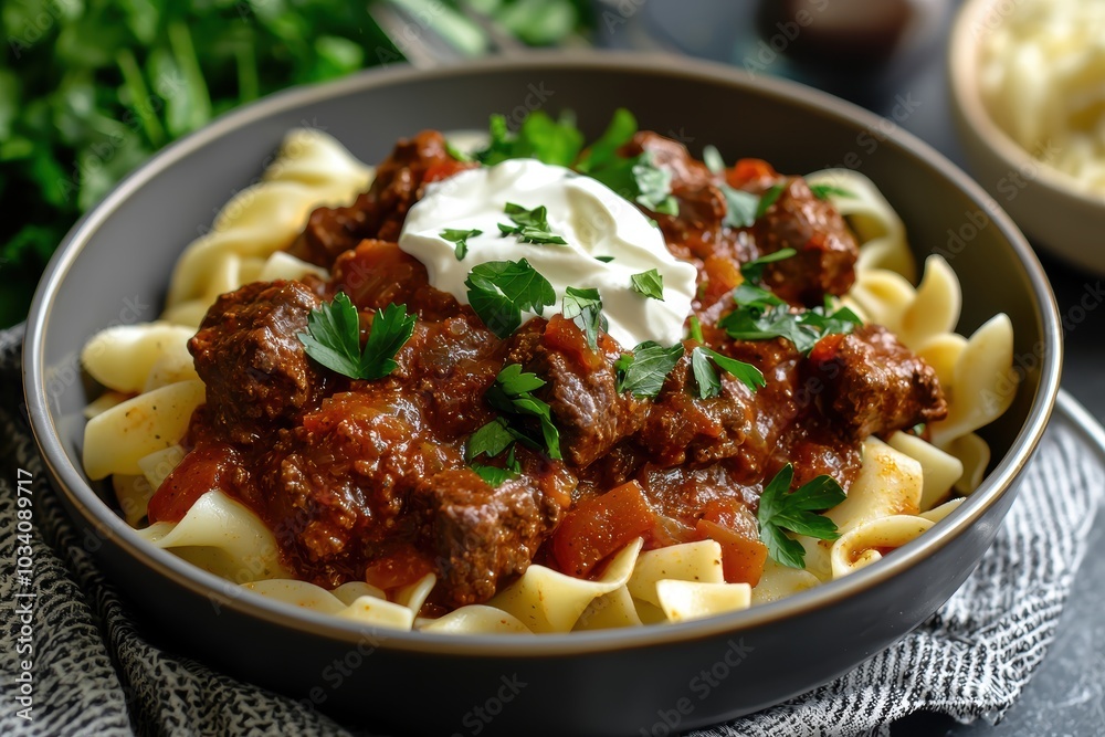 Hearty Beef Goulash with Paprika Sauce and Buttered Noodles for Culinary Delight Hearty Beef Goulash with Paprika Sauce and Buttered Noodles for Culinary Delight