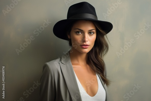 Portrait of a merry woman in her 20s donning a classic fedora isolated on minimalist or empty room background