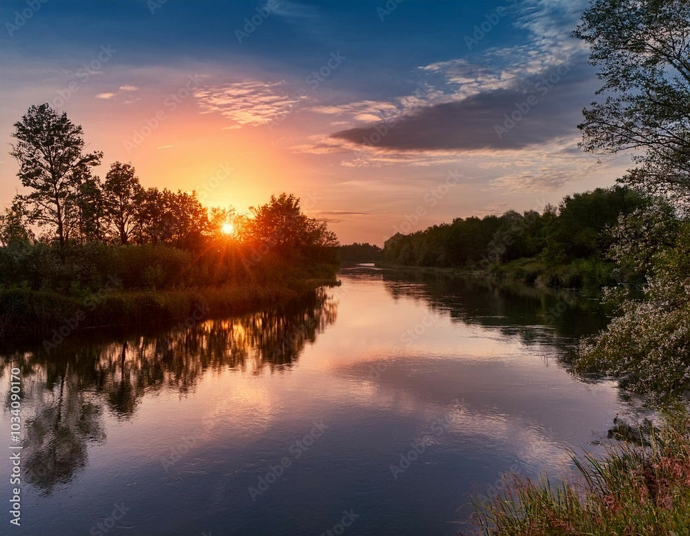 the sunset reflecting off the surface of a calm river with a softly blurred background of surrounding trees and sky the sunset reflecting off the surface of a calm river with a softly blurred background of surrounding trees and sky