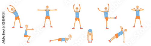 Funny Senior Man Character Exercising and Workout Vector Set