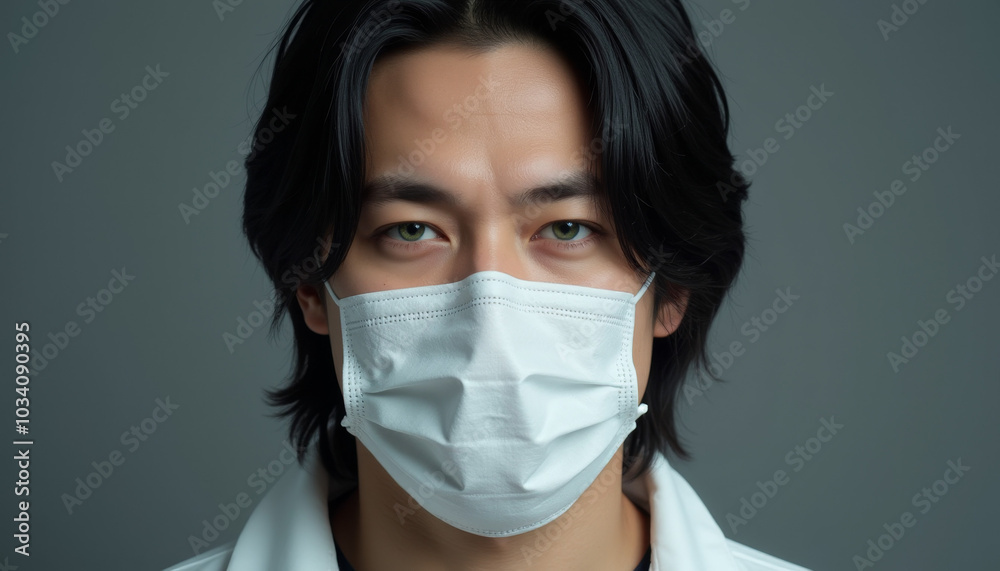 Man wearing white mask in neutral indoor setting