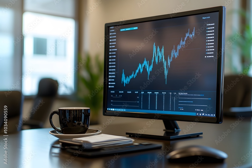 A computer monitor displaying a stock market chart on a wooden desk A computer monitor displaying a stock market chart on a wooden desk