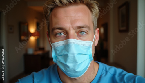 Man in blue medical mask inside home with natural light photo