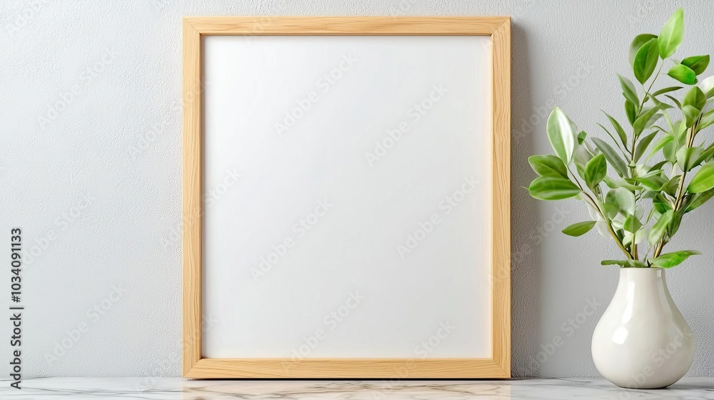Tall vertical wooden photo frame on marble surface, sleek design, subtle natural shadows, elegant wooden frame, minimalist presentation