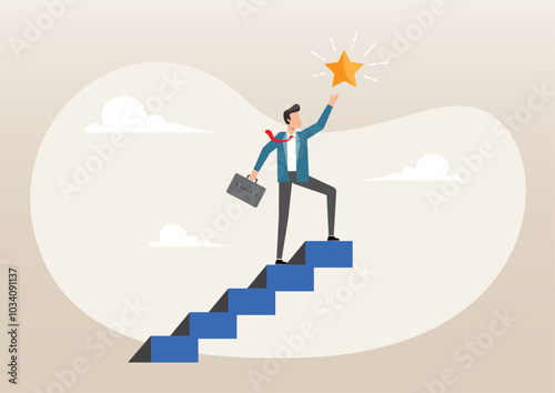 businessman climb up stair to the top to reaching to grab precious star