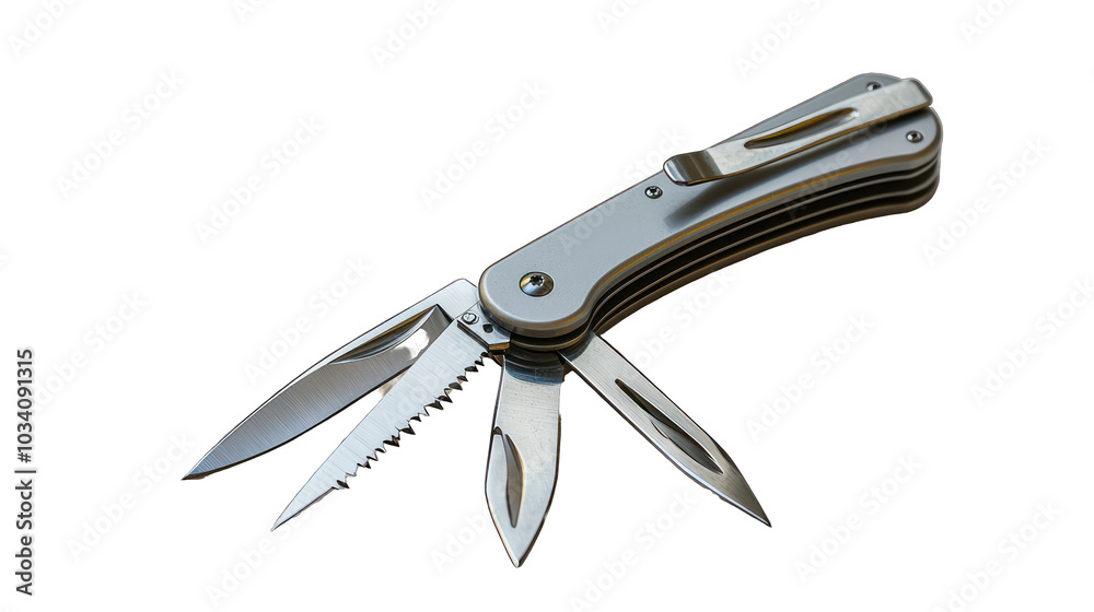 Obraz premium A multitool with a sharp metal knife isolated on white