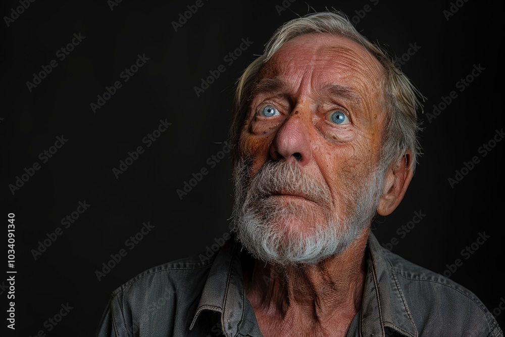 A Profound Reflection: An Elderly Man Gazing Upward with Intense Eyes and a Life Full of Stories A Profound Reflection: An Elderly Man Gazing Upward with Intense Eyes and a Life Full of Stories