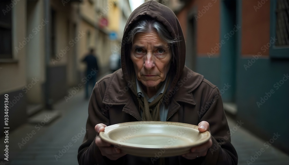 An elderly homeless beggar woman with holding a plate standing on the city street
