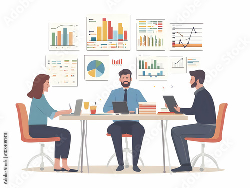 Flat Vector Illustration of Political Analysts Analyzing Conflicting Poll Data in Medium Shot - Insights into Challenges of Accurate Political Predictions with Reports and Graphs on a Table