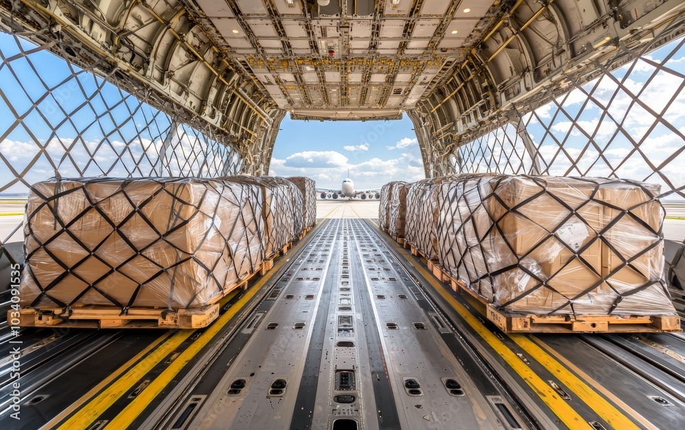 Fototapeta premium Interior of a cargo aircraft, packed with large freight shipments, secured by netting, showcasing international air logistics and transportation efficiency