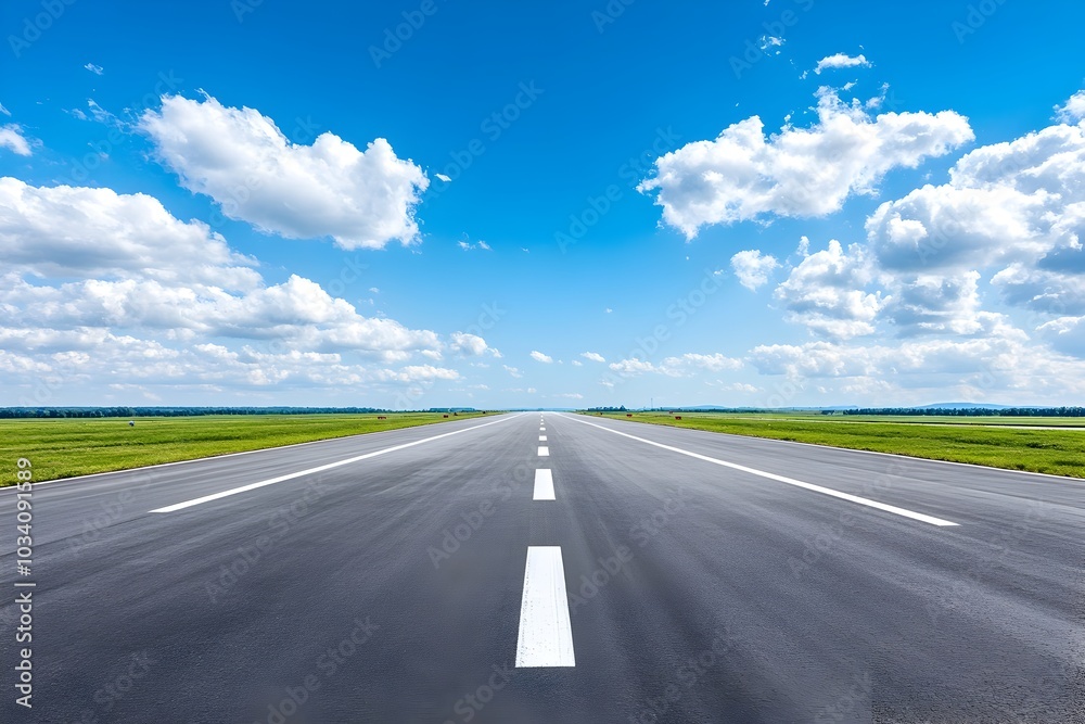 Fototapeta premium Open Road Through Vast Countryside Landscape Under Cloudy Blue Sky