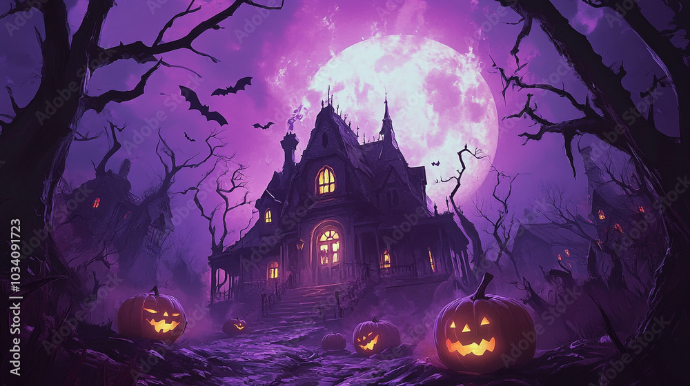 Haunted House Halloween Night with Full Moon Jack O Lanterns and Bats Haunted House Halloween Night with Full Moon Jack O Lanterns and Bats