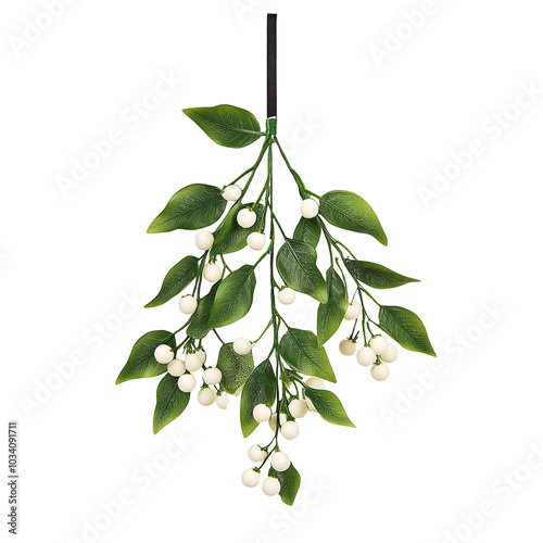 Mistletoe branch with green leaves and white berries, white isolated background