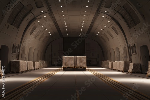 Loaded cargo plane interior, freight secured with netting, welllit environment, symbolizing efficient global logistics and air transport operations photo