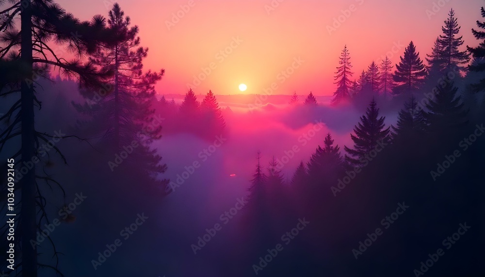 A vibrant sunset over a misty forest landscape