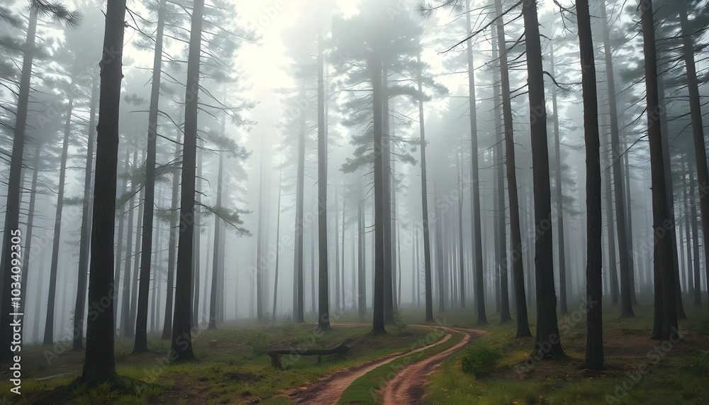 Obraz premium Bare trees in a foggy forest with fallen leaves on the ground
