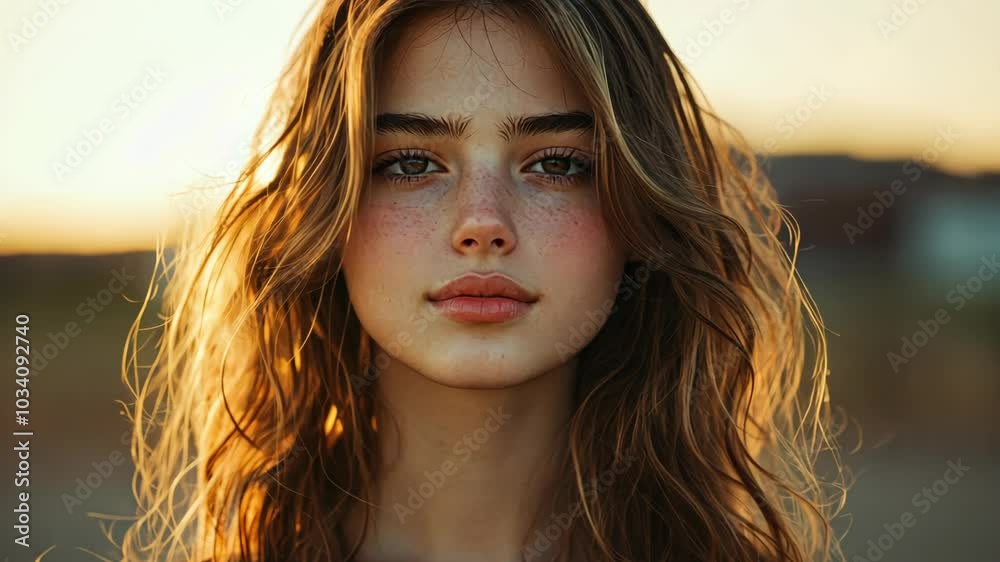 A young woman with long, wavy brown hair looks at the camera with a gentle smile during a sunset A young woman with long, wavy brown hair looks at the camera with a gentle smile during a sunset