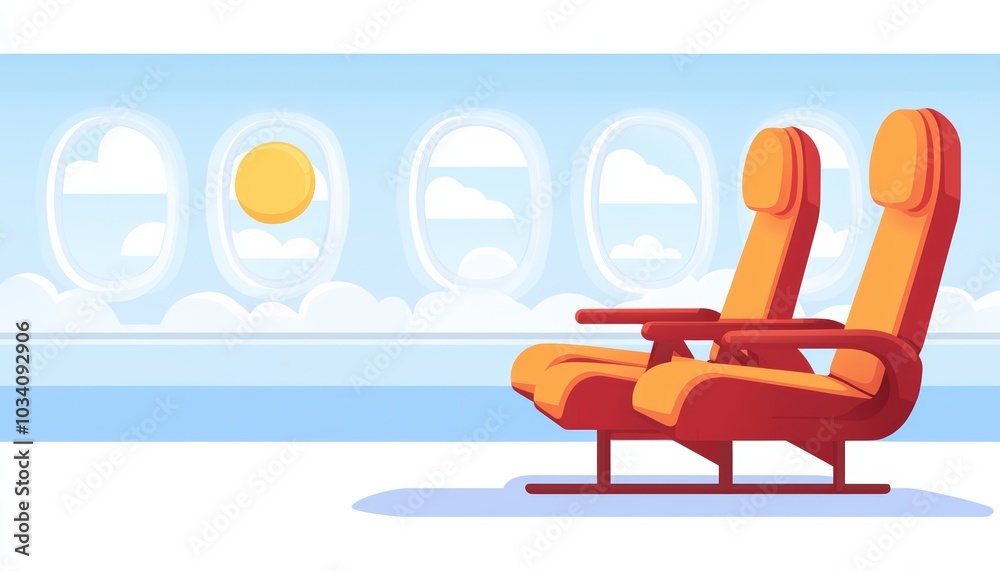 Spacious airplane cabin with large windows offering a clear view of the sky, minimal seating, symbolizing comfort, serenity, and modern travel design