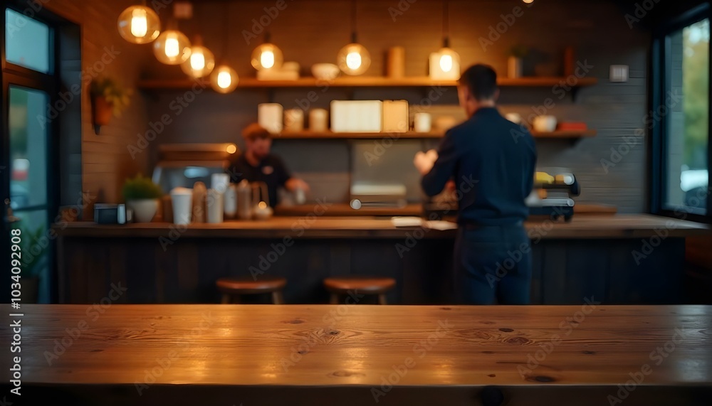 A wooden table with blurred interior background of a coffee shop A wooden table with blurred interior background of a coffee shop