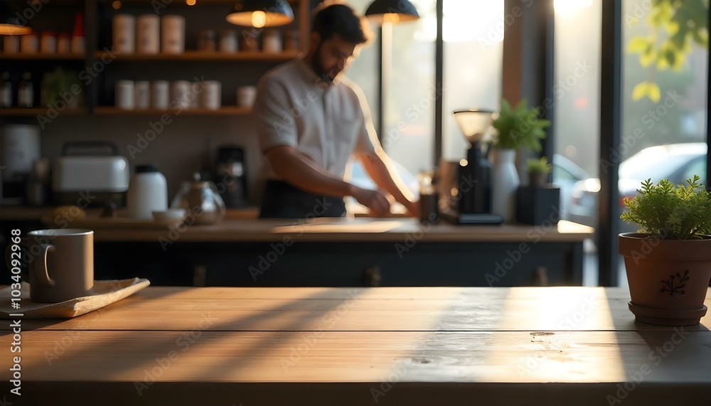 A wooden table with blurred interior background of a coffee shop A wooden table with blurred interior background of a coffee shop