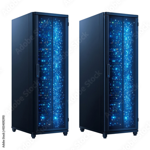 Modern data servers with illuminated interiors, isolated on a white background.