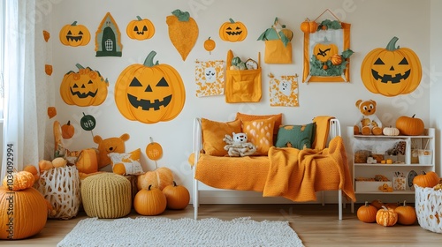 Halloween wall stickers with jack-o-lanterns and spooky faces, perfect for enhancing seasonal decor in living spaces photo