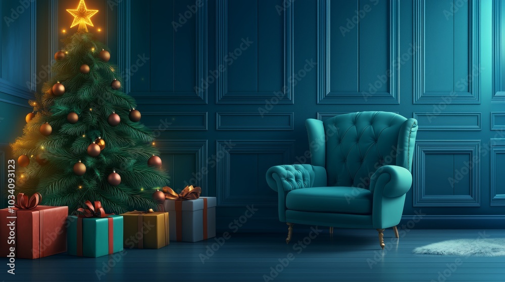 A cozy corner with a Christmas tree, gifts, and a plush armchair, perfect for a quiet and joyful holiday setting 