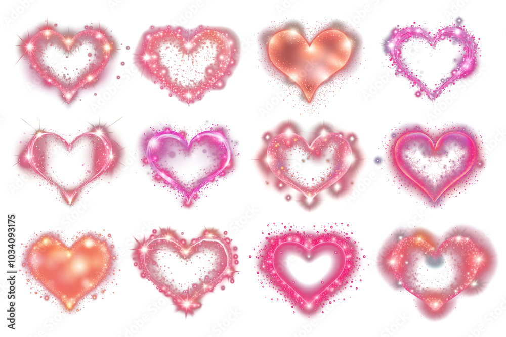 PNG neon pink heart element set, transparent background PNG neon pink heart element set, transparent background