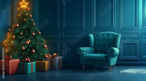 A cozy corner with a Christmas tree, gifts, and a plush armchair, perfect for a quiet and joyful holiday setting 