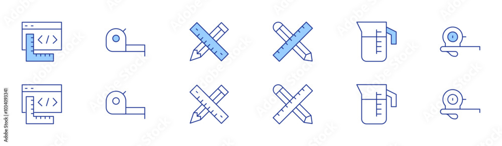 Measure icon set in two styles, Duotone and Thin Line style. Editable stroke. coding, work in progress, jug, measuring tape, pencil Measure icon set in two styles, Duotone and Thin Line style. Editable stroke. coding, work in progress, jug, measuring tape, pencil