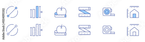 Measure icon set in two styles, Duotone and Thin Line style. Editable stroke. diameter, height, measuring tape, apple, dimensions