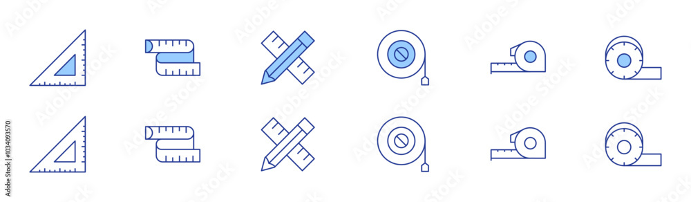 Measure icon set in two styles, Duotone and Thin Line style. Editable stroke. ruler, set square, tape measure, measuring tape, pencil Measure icon set in two styles, Duotone and Thin Line style. Editable stroke. ruler, set square, tape measure, measuring tape, pencil