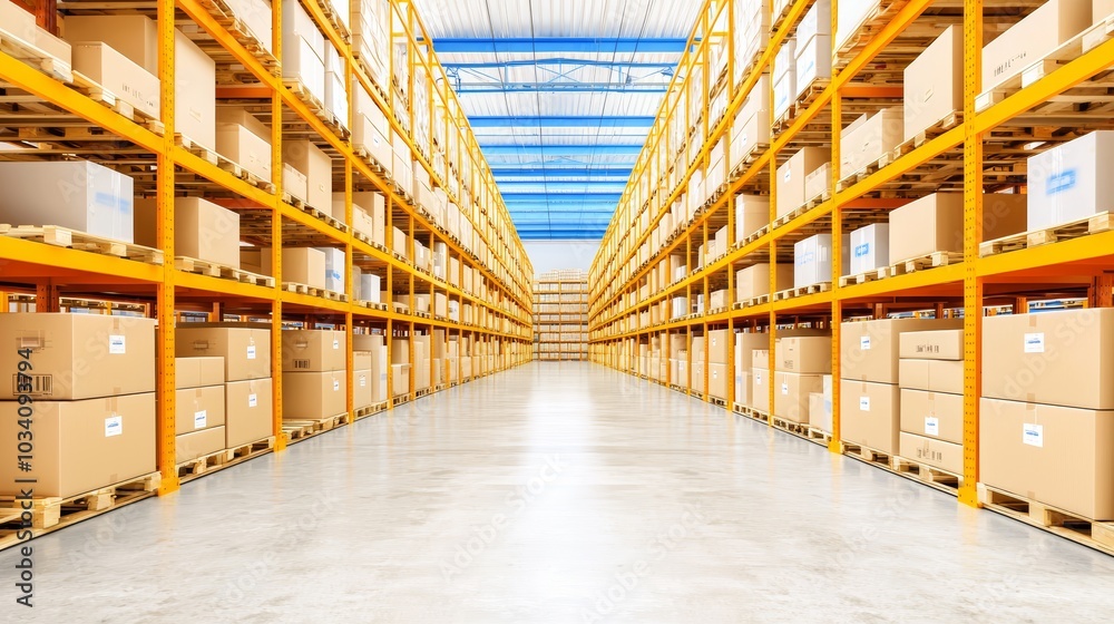 Warehouse interior with high racks filled with boxes, wide aisles and bright lighting, showcasing logistics efficiency, storage management, and industrial organization Warehouse interior with high racks filled with boxes, wide aisles and bright lighting, showcasing logistics efficiency, storage management, and industrial organization