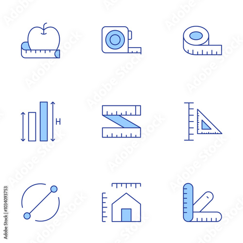 Measure icons set. Line Duotone style, editable stroke. diameter, height, measuring tape, ruler, apple, dimensions, set square