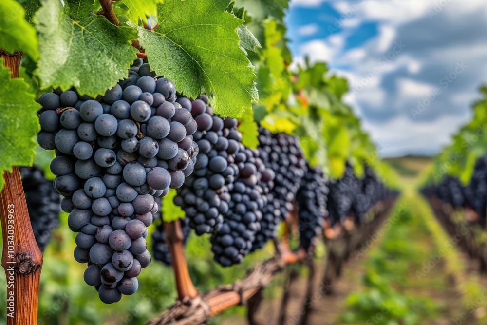 Lush Vineyard Grapes Ready for Harvest Under Blue Skies Lush Vineyard Grapes Ready for Harvest Under Blue Skies