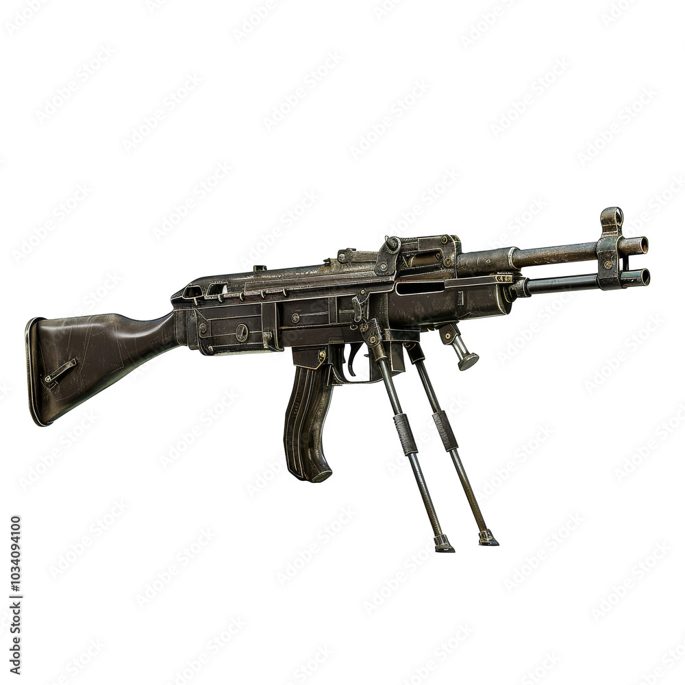 Detailed representation of a firearm featuring a bipod and unique design in a minimalist setting with neutral background lighting Detailed representation of a firearm featuring a bipod and unique design in a minimalist setting with neutral background lighting