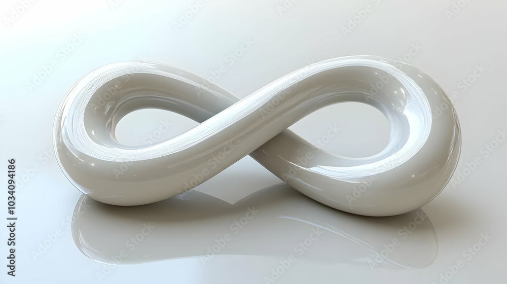 3D Glossy White Infinity Symbol Icon - Close-Up on Reflective Surface, Suggesting Endless Possibilities for Mental Health and Wellness Content 3D Glossy White Infinity Symbol Icon - Close-Up on Reflective Surface, Suggesting Endless Possibilities for Mental Health and Wellness Content