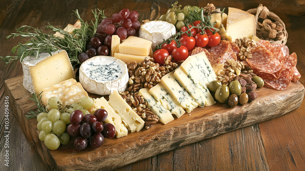 Gourmet Cheese Board with Salami Grapes and Olives Appetizer Platter for Party Gourmet Cheese Board with Salami Grapes and Olives Appetizer Platter for Party