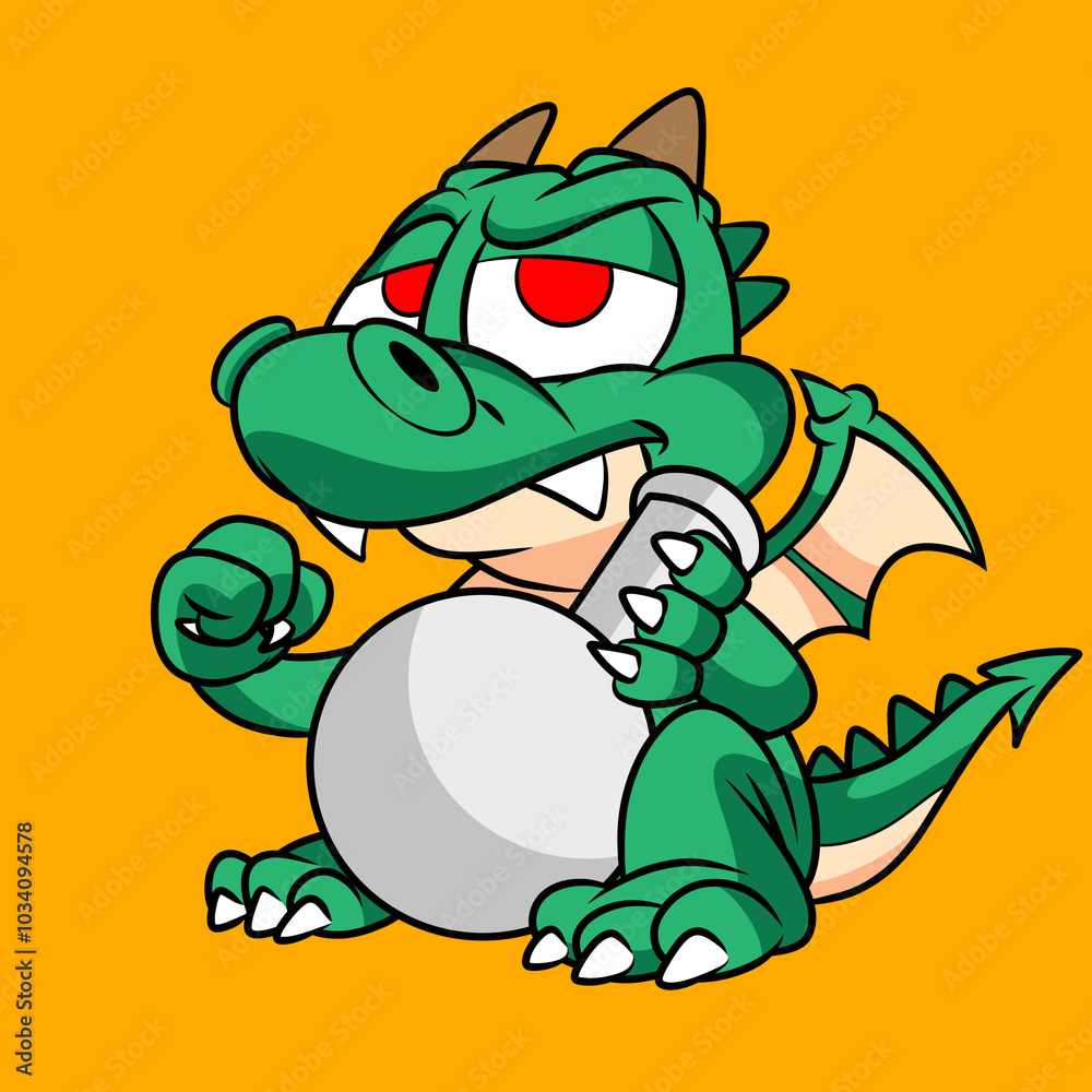 Fototapeta premium Cute Cartoon Dragon Holding a Round Object With Claws