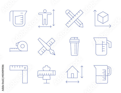 Measure icons. Thin Line style, editable stroke. body measure, edit tool, mannequin, cube, jug, measuring cup, size, ruler, work in progress, measuring jar, tape measure, water