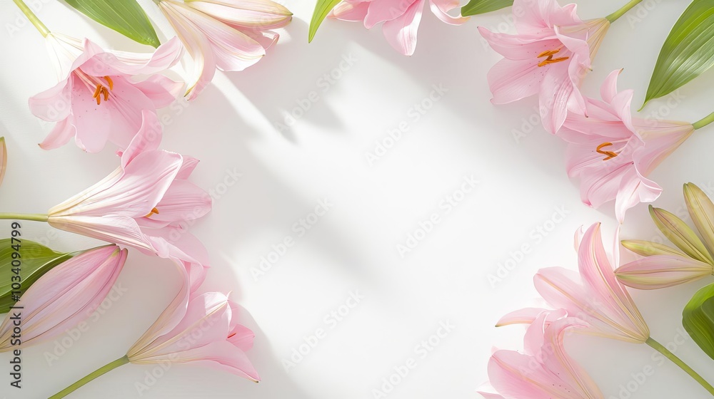 Pink lilies forming a square frame, flat lay, pastel tones, minimalist and artistic composition, soft shadows Pink lilies forming a square frame, flat lay, pastel tones, minimalist and artistic composition, soft shadows
