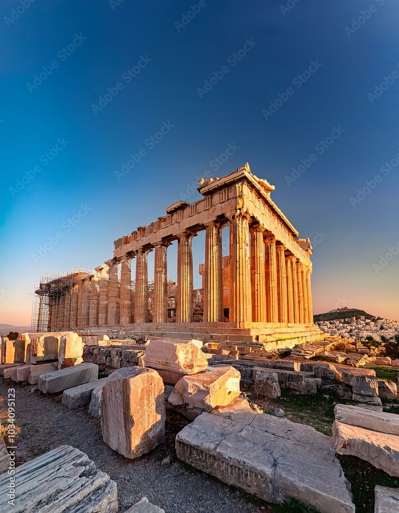 Ancient Greek temple at sunset