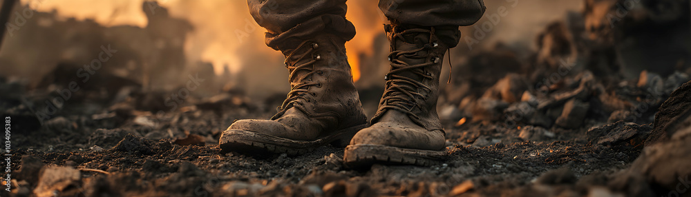 Close-up of Dirty Boots Standing on Ashy Ground with Smoke and an Orange Glow in the Background Close-up of Dirty Boots Standing on Ashy Ground with Smoke and an Orange Glow in the Background